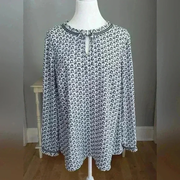 Talbots Blue White Birdcage Long Sleeve Blouse Size 1X - Picture 2 of 6